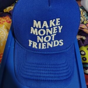 Blue Trucker Hat with White Embroidery ( Make Money Not Friends)